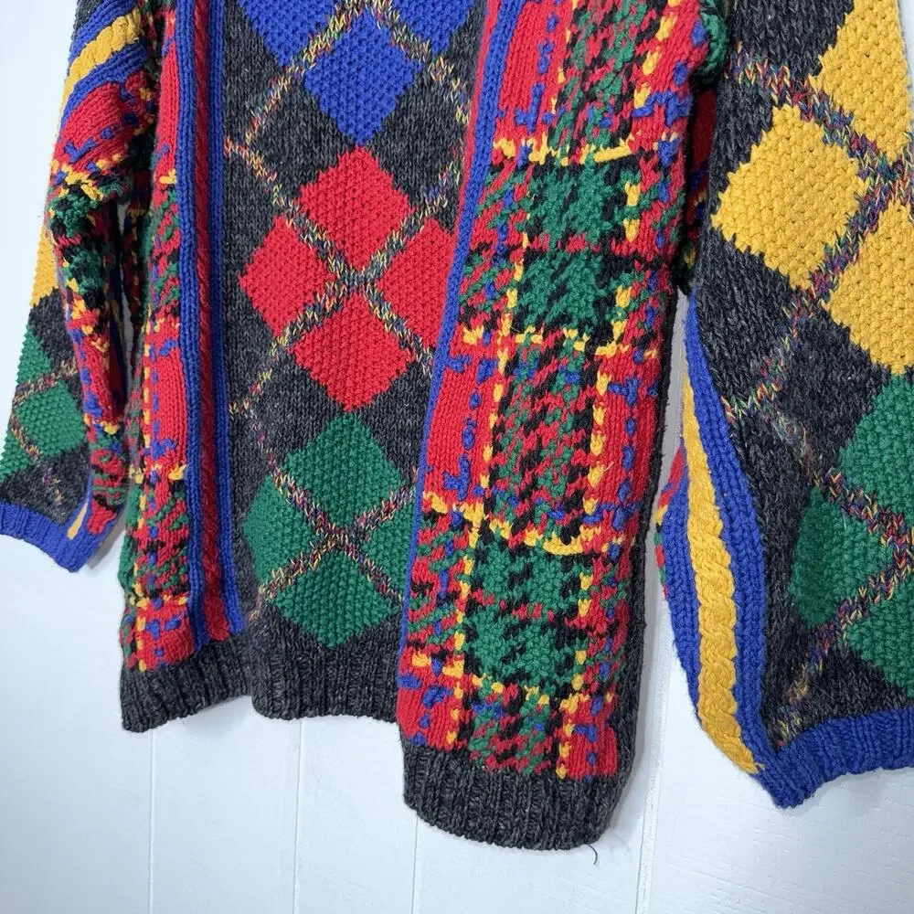 Eagle’s Eye Sport 1995 90s Vintage Men’s Hand Knit Argyle Geo Sweater Size Small